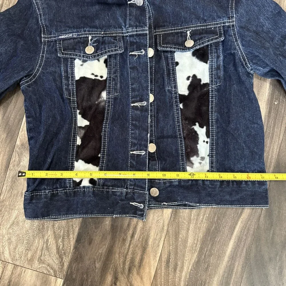 Y2K Denim Jacket Cowhide Panel Western Trucker Dark Wash No Tag Fits Small Read!